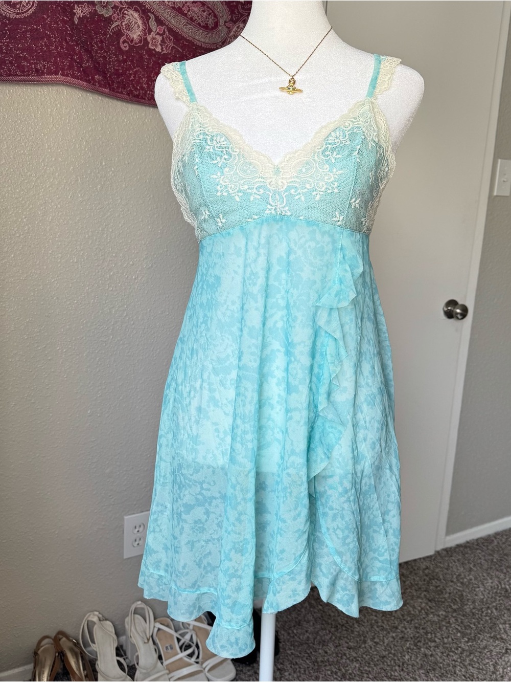 Light Blue Aqua Mesh Embroidered Coquette Fairy Women’s Medium Slip Dress
